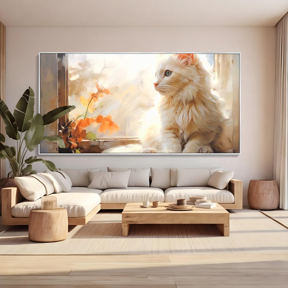 Tablou canvas cu tablou canvas cu pisica alba la fereastra, in rama de aluminiu argintiu, pe perete intr-un living